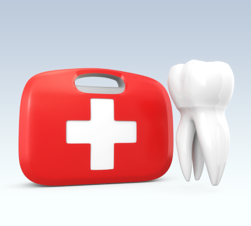 First aid kit next to a tooth illustrating dental emergencies